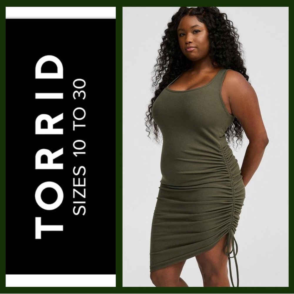 Torrid Olive Green Cinched Dress Ruched Scoop Neck NWT $66 - Picture 1 of 9